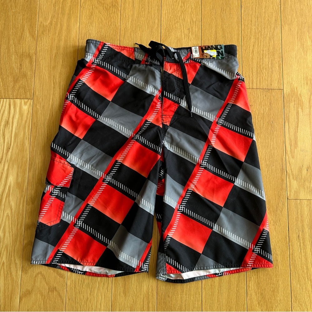 NWT Hang Ten Red Black Gray Checkered Men's Board Shorts Swim Trunks XL